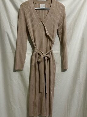 Pink Rose Ribbed Wrap Midi Dress in Taupe